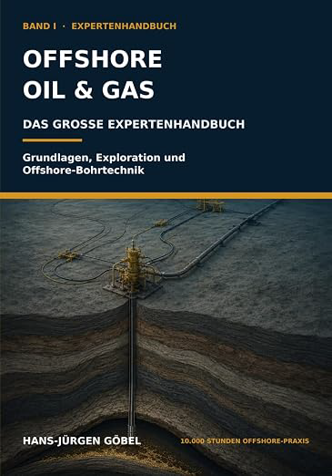 Cover des Buches "Offshore Oil & Gas – Das große Expertenhandbuch" von Hans-Jürgen Göbel. Band I behandelt Grundlagen, Exploration und Offshore-Bohrtechnik. Im Hintergrund eine Offshore-Ölplattform mit Bohrinseln im Meer.