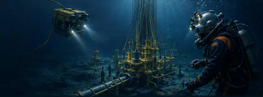 Offshore-Berufstaucher bei Subsea-Arbeiten an Unterwasseranlagen mit ROV