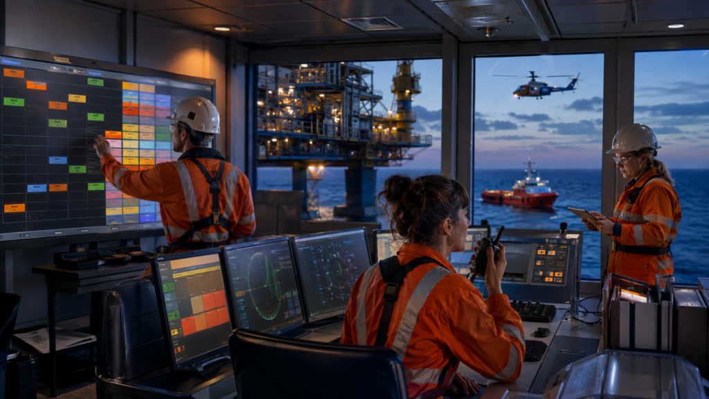 Offshore-Crew in der Leitwarte einer Bohrinsel bei der Koordination des Anlagenbetriebs