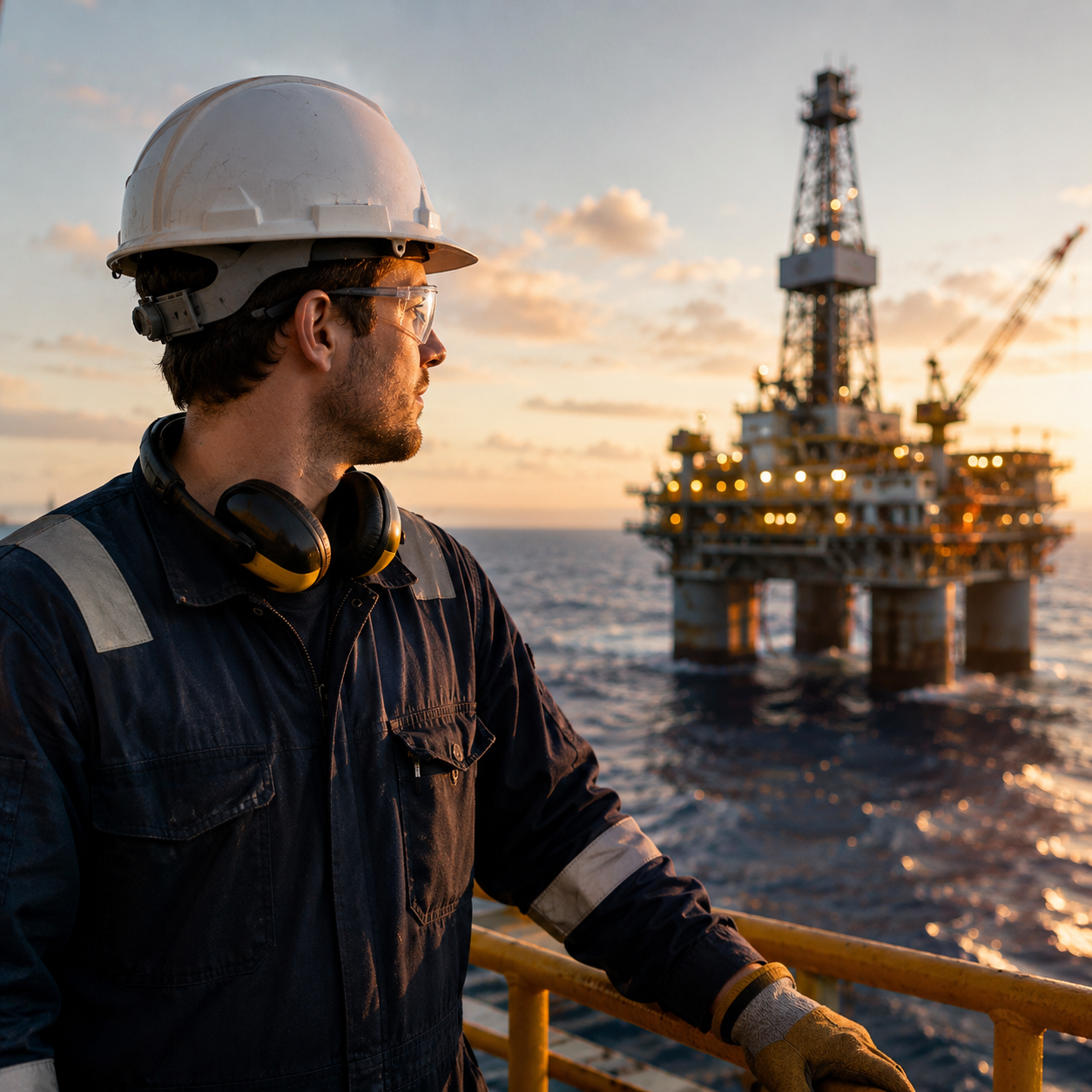 Einsteiger in Offshore-Arbeitskleidung mit Bohrinsel im Hintergrund