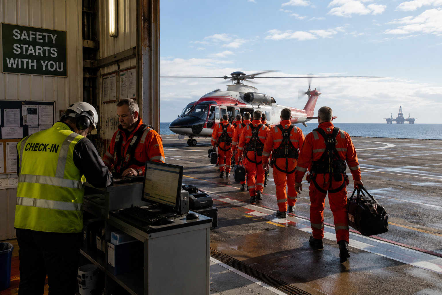 Offshore-Crew beim Check-in und Helikoptertransfer zu einer Bohrinsel