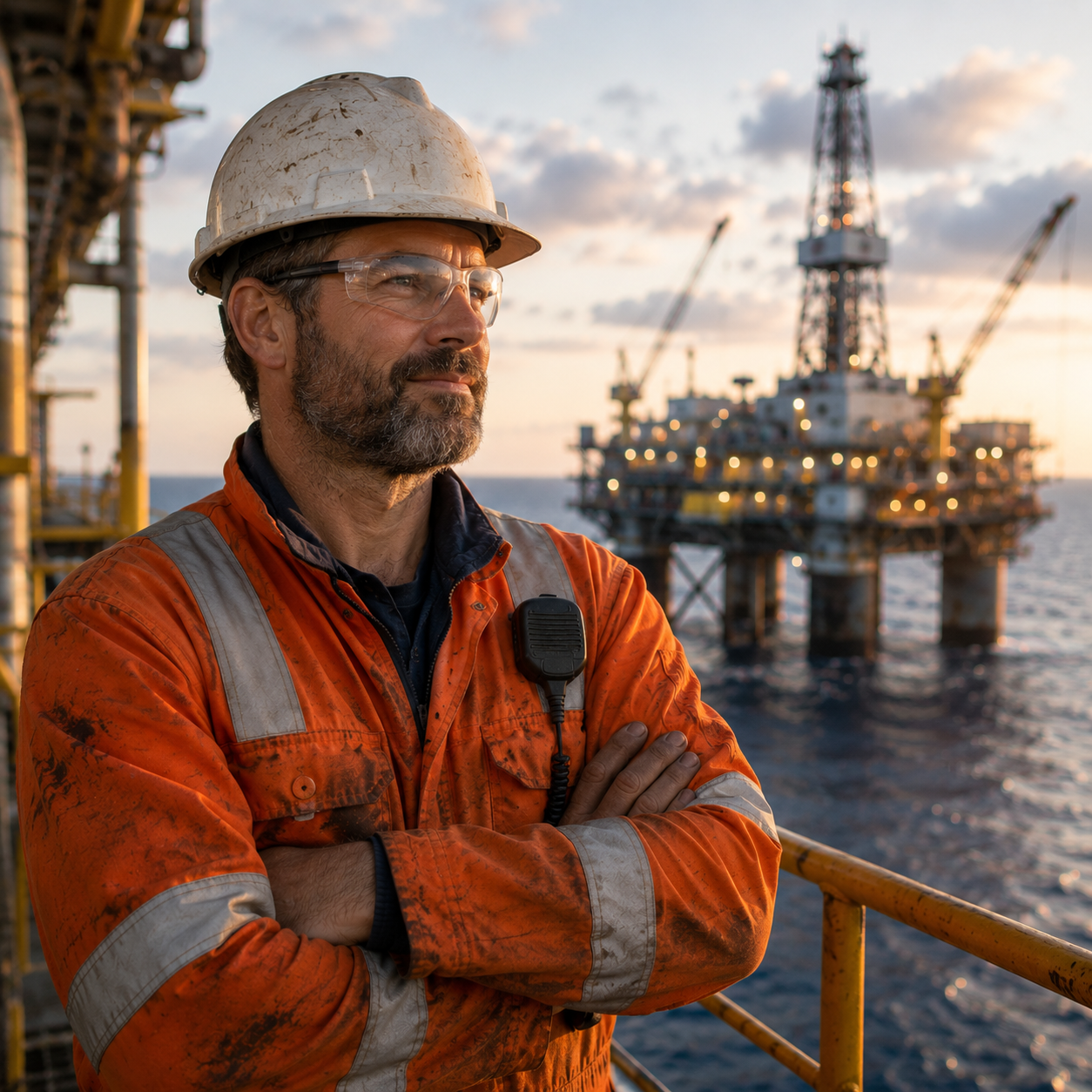 Erfahrener Offshore-Profi in Arbeitskleidung vor einer Bohrinsel