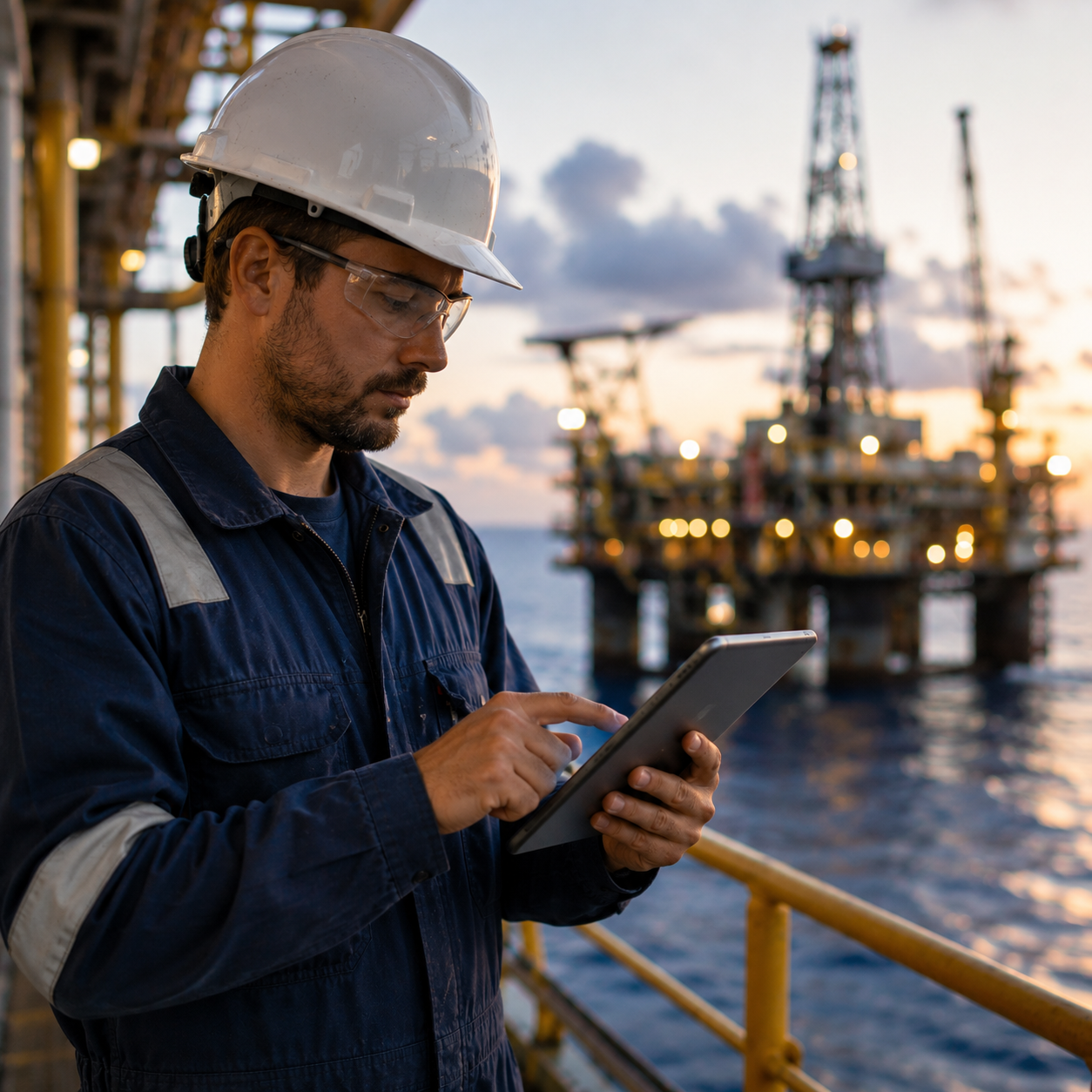 Offshore-Ingenieur mit Tablet vor einer Bohrinsel