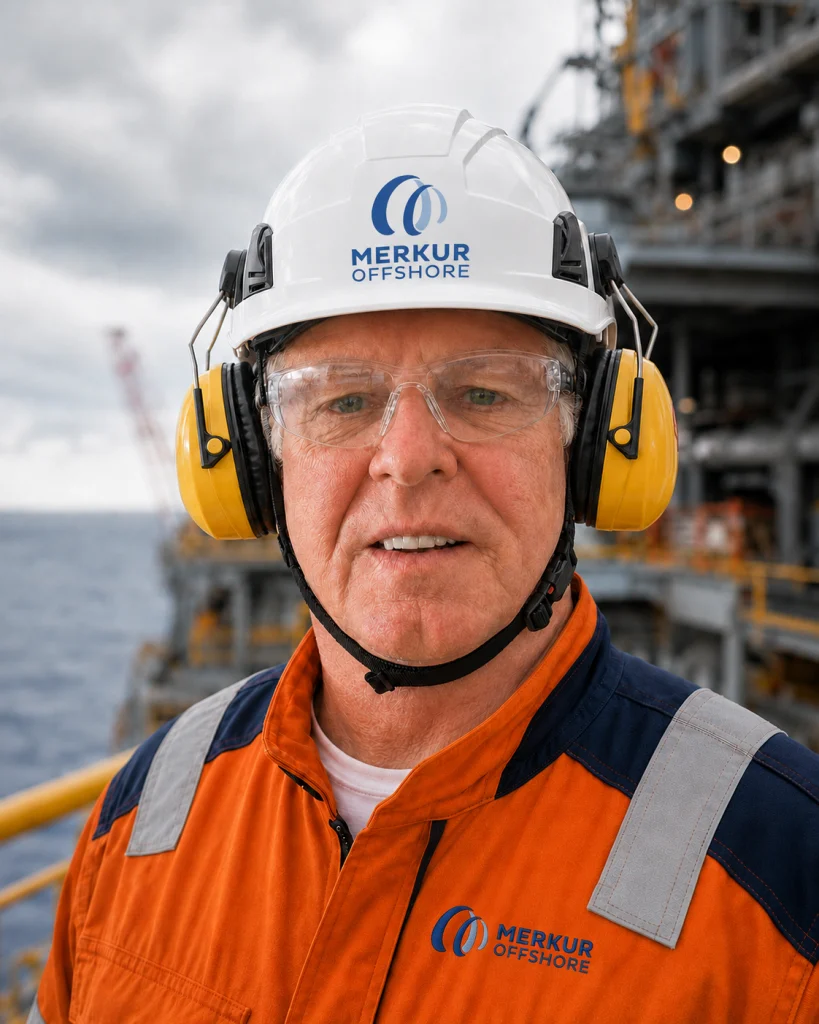 Hans-Jürgen Göbel mit Offshore-Schutzhelm und Sicherheitsausrüstung auf einer Offshore-Plattform